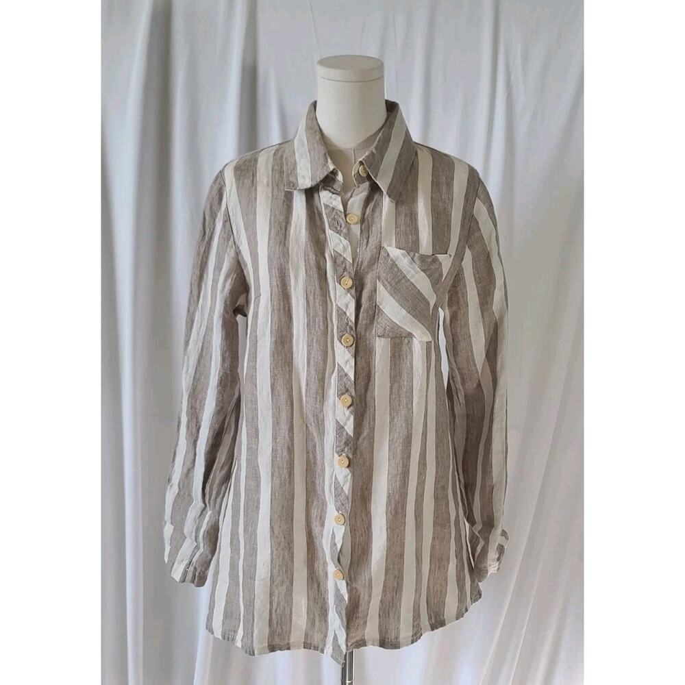 New FLAX Womens Cream Beige Striped 100% Linen Shirt Top P 4 6
